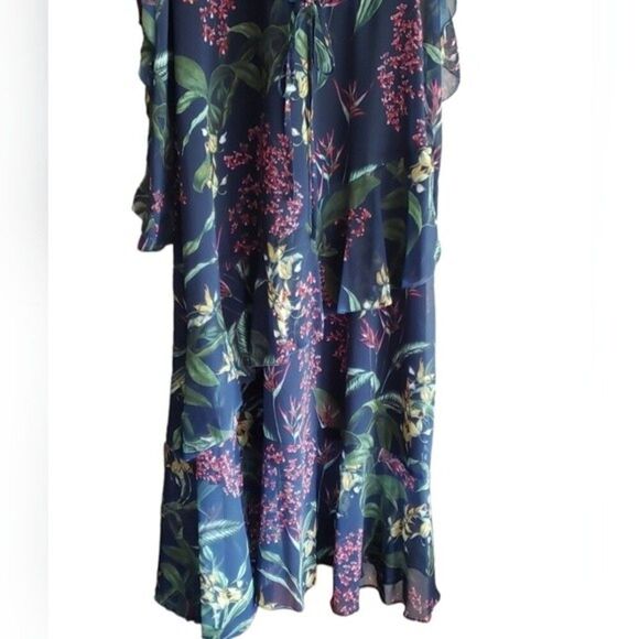 NWT Marchesa Notte Floral Print Cold Shoulder Ruffle Midi Dress - Picture 4 of 12